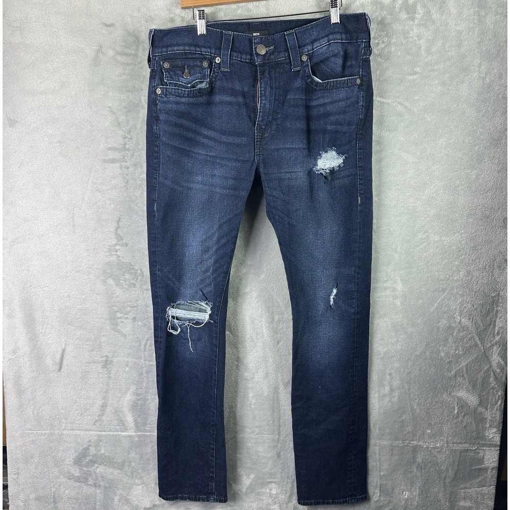 True Religion Rocco Relaxed Skinny Jeans Mens 36 Blue Distressed Stretch Denim‎